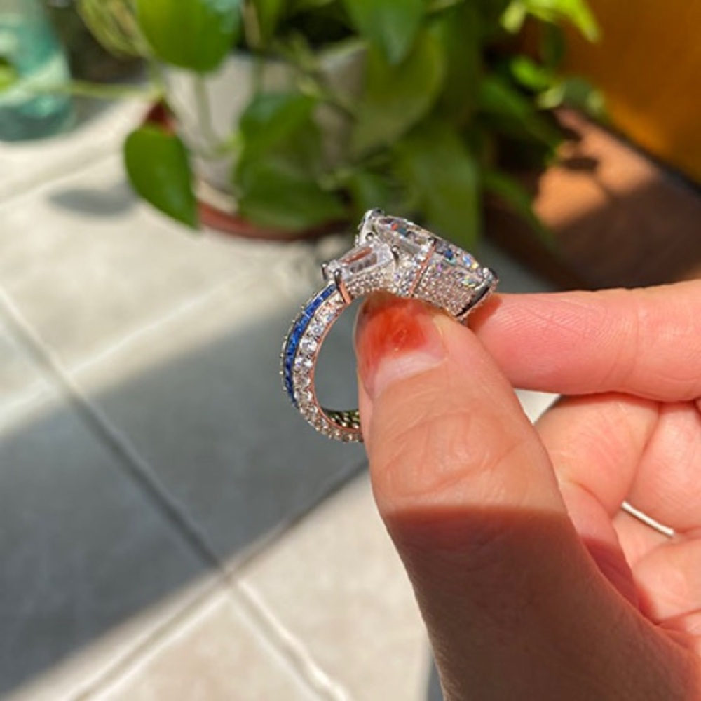 Italo Radiant Cut Unique Engagement Ring Eternity Ring 925 Sterling Silver - Picture 7 of 13